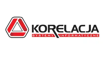 Czarne tekst KORELACJA SYSTEMY INFORMATYCZNE oraz logotym w kształcie trójkąta któego boki mają charakter taśmy